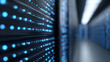 © Innese - Close-up view of illuminated blue LED lights on server racks in a data center corridor, showcasing technology and modern infrastructure in a digital environment