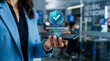 © Naret - Verified ai output in hand with blue shield and digital network office background