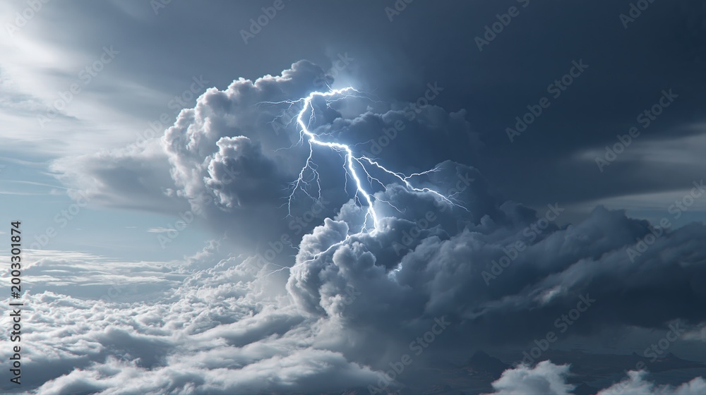Powerful lightning strike illuminating dark storm clouds from above, a ...