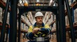 © wear - Warehouse worker wearing a hard hat and safety vest driving a forklift through tall shelves of boxes