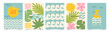 © Anna Bova - Set of abstract summer card in doodle naive style. Modern boho print with hand drawn tropical leaves, sea, wave, sun, ocean, flowers, boat. Vacation time, travel, beach concept. Trendy coastal prints.