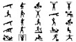 © Rujak - Black silhouettes of people exercising weights.