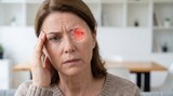 Woman suffering from eye pain touching temple with digital medical projection of eye anatomy. Ophthalmology concept, vision problem, retinal disease, optic nerve issue and eye health care.