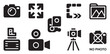 © Md - Set of eight camera and photography equipment icons in solid black style on white background.