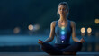 © Laura - Faceless young woman practicing yoga meditation with symbols of the seven chakras and Yin Yang on a tranquil background. Defocused background. Young woman chakras, Yin Yang yoga,