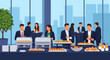 © Bima - Vector illustration of business professionals in formal suits at a corporate networking event with a buffet spread, chaffing dishes, appetizers, and a panoramic city skyline background.