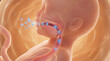 © Loki_Creo - 3D fetus embryo with blue particle bubble near mouth showing breathing movement in womb