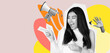 © Prostock-studio - A young woman with long dark hair expresses joy by pointing sideways. She is against a bright background of yellow and colorful shapes. Her gesture invites the viewer to enjoy the moment.