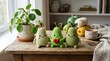© Coosh448 - Three homemade anthropomorphic crochet pear toys on a table with a houseplant, cute handcrafted decor and textile craft concept, commercial stock image, soft natural light, clean composition,