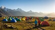 © Tejo - Mountain Camp: Colorful Tents and Hikers in Majestic Himalayan Landscape