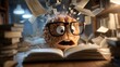 © InfiniteStudio - Confused brain reading a book in a messy library while papers fly around at night in a cartoon setting
