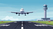 © Best Design_Academy - Passenger airplane landing on airport runway with control tower in background, vector illustration