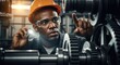 © Chandara - A young man wearing a hard hat and safety glasses, inspecting a large industrial machine in a factory setting.