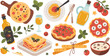 © Majnur - Italian cuisine vector illustration set, pizza pasta lasagna bread olive oil dishes, traditional food collection, colorful restaurant menu design