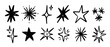 © vika_k - Black crayon hand drawn stars collection. Grunge rough brush stroke shine element pack for collage, poster, sticker, label. Childish doodle sparks and sparkles set. Vector wax pencil sketch asterisks