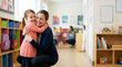 © Xenia - Happy preschool girl hugging her mother in a daycare classroom. Smiling parent and child sharing an affectionate moment at school drop-off. Early childhood care