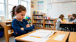 © Xenia - Frustrated young girl sitting at a school desk with arms crossed. Unhappy elementary student looking at workbook in classroom. Childhood education and behavior concept