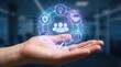 © Mitali Creative  - A human hand holding a glowing digital interface with business representing teamwork security innovation handshake and task management in a blue office environment