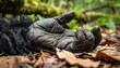 © aaw - Close up of apes hand resting on forest floor surrounded by foliage