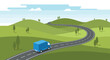 © Miraz - A small blue cargo delivery truck travels along a winding paved road through lush green rolling hills under a bright clear sky with soft daylight and natural coloring.