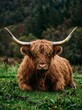 © ye - スコットランドハイランド牛が草原に横たわる牧歌的な風景写真