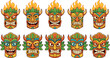 © MdMojnu - Traditional Polynesian Tiki Mask Vector Illustration Collection Set Featuring Various Angry And Happy Tribal Expressions With Fire And Leaves
