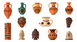 © Abu - Ancient vessels, decorative masks, and stone carvings are neatly arranged in a grid-like composition against a clean white surface in this digital graphic.