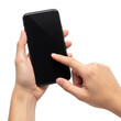 © BB123 - A person holding a smartphone with their left hand and tapping on the screen with their right index finger isolated on transparent background