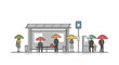 © DedeRes93 - Illustration of people standing under colorful umbrellas at a city bus stop with a vending machine and trash can on a gray background.