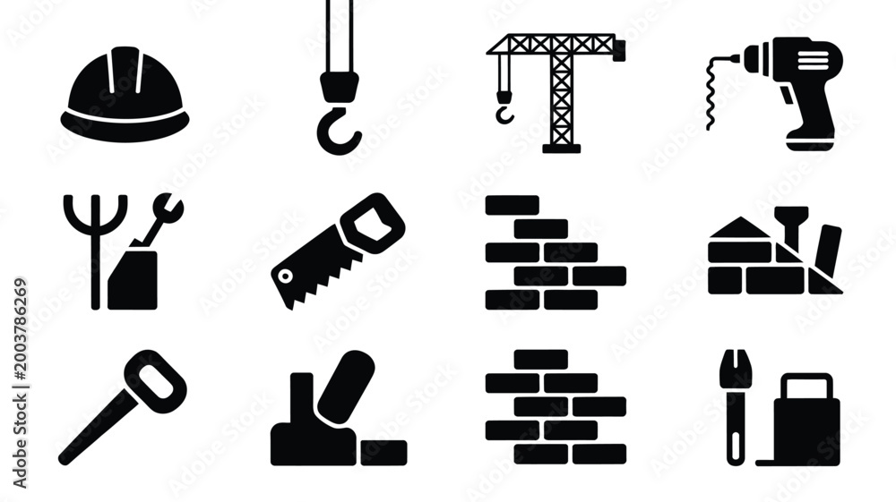 Silhouette icons of construction work tools and equipment black on ...