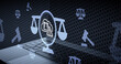 © sh99 - Digital legal warning concept featuring a cloud data security threat icon on a laptop screen with scales of justice and law hammer symbols for cybersecurity law enforcement
