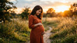 © SenpaiNoticeMe - South Asian Pregnant Woman Outdoors in Golden Hour Light Soft Sunset Glow on Bump and Face, Simple Dress Hair Loose, Authentic Golden Pregnancy Portrait India