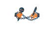 © Tilotoma - Two orange colored hands holding a microphone and a writing pen are linked together by a heavy metal chain against a clean white background in a flat design.