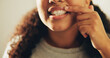 © peopleimages.com - Dental, woman or mouth in bathroom with check, hygiene results or tooth wellness in orthodontics. Dentistry, cleaning and person in house with inspection, teeth whitening and gum health in oral care.