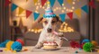 © Azra - Adorable dog celebrating birthday with party hat and cake, festive pet anniversary scene with colorful bunting, cute puppy party celebration