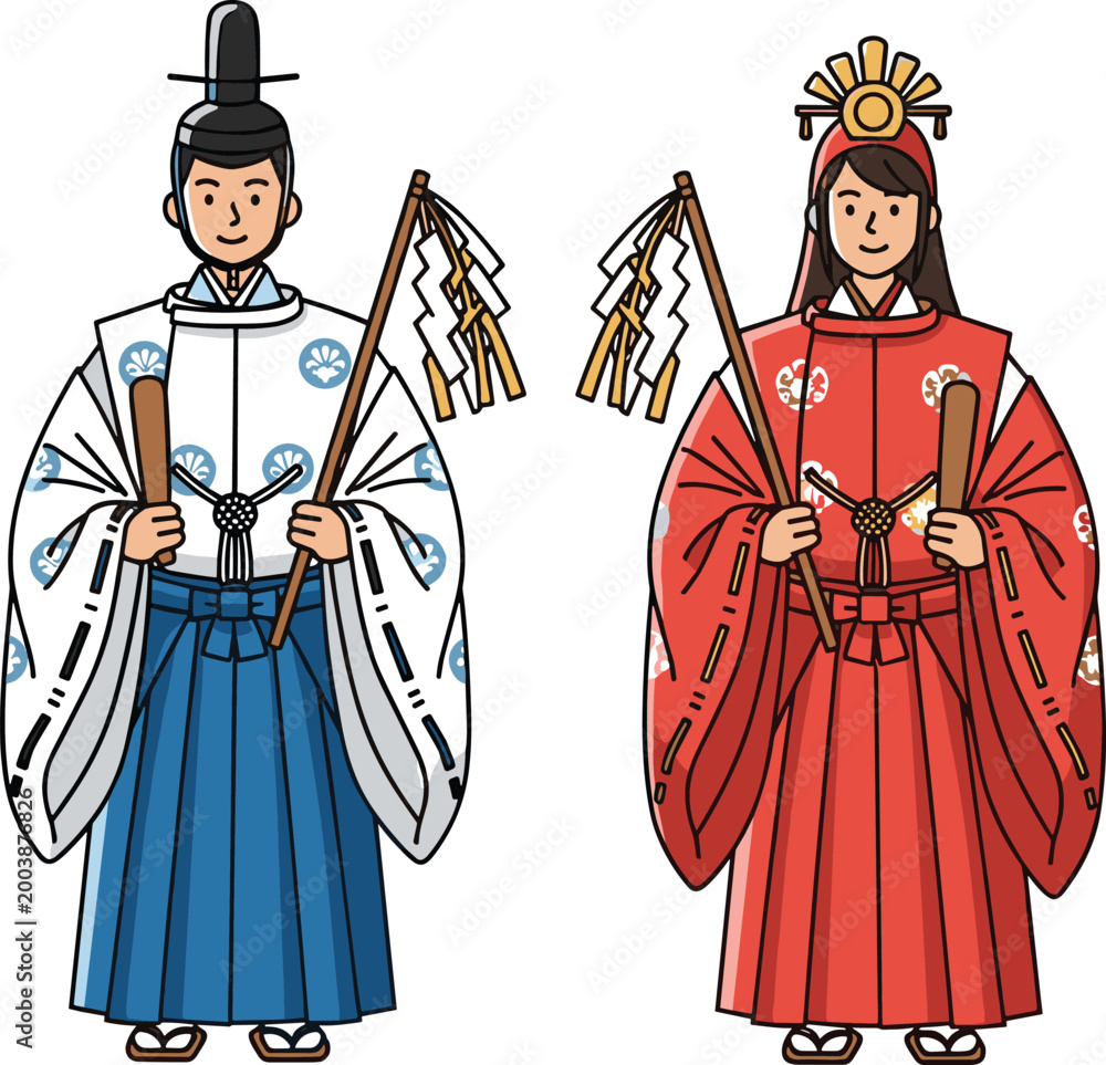 Shinto Robe Pattern Japanese Shinto Ceremonial Figures in Traditional Robes with Ritual ...