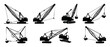 © Fernando - Crane silhouette set, crawler construction machines working on site, heavy industrial equipment collection, black and white vector icons for engineering, building, infrastructure development and logis