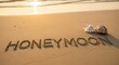 © Tatiana - Word honeymoon written in wet golden beach sand. Seashells lying nearby at sunset. Romance, travel destination and vacation concept for couple celebrating wedding after marriage journey.