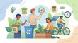 © craftsby.ib - Diverse group of people actively participating in eco friendly activities showcasing recycling gardening and sustainable transportation like cycling symbolizing environmental consciousness