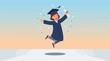© craftsby.ib - Happy graduate in blue academic gown jumping with joy celebrating achievement at sunset with confetti