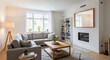 © abi - Modern minimalist living room interior with grey sofa and fireplace