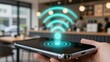 © apisit - Connected at the Cafe: A smartphone in hand connects seamlessly to a vibrant Wi-Fi signal in a bustling cafe, highlighting modern connectivity and the ease of digital access.