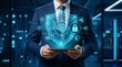© Umer - business professional holding glowing digital cloud computing icon with financial symbols in server room