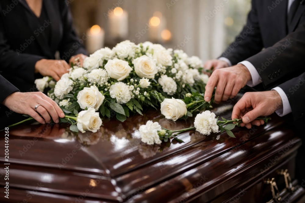 Foto de Stock Funeral scene capturing mourners laying white flowers on ...