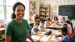 © Eve - Confident African American female teacher smiling in sunlit elementary classroom with kids, diverse school environment, professional educator portrait, primary education career