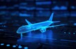 © future7 - A blue holographic wireframe model of an airplane displayed above a digital surface, symbolizing futuristic aviation technology.