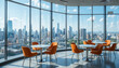 © Murtaza - Modern office break room with orange chairs and city skyline view through large windows on a sunny day with clouds
