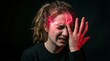 © Flash memory - Woman suffering from severe migraine with digital glow on head. Concept of chronic headache, neurological pain and brain health issue. Healthcare diagnostic visual for medicine study.