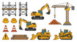 © Sadiaa - Comprehensive collection of yellow heavy construction machinery and site safety gear arranged on a plain background for industrial design and planning purposes.