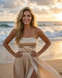 © Aleksei Solovev - A woman with long wavy blonde hair wears a strapless champagne-colored dress on the beach at sunset, with her hands on her hips, exuding confidence and joy.
